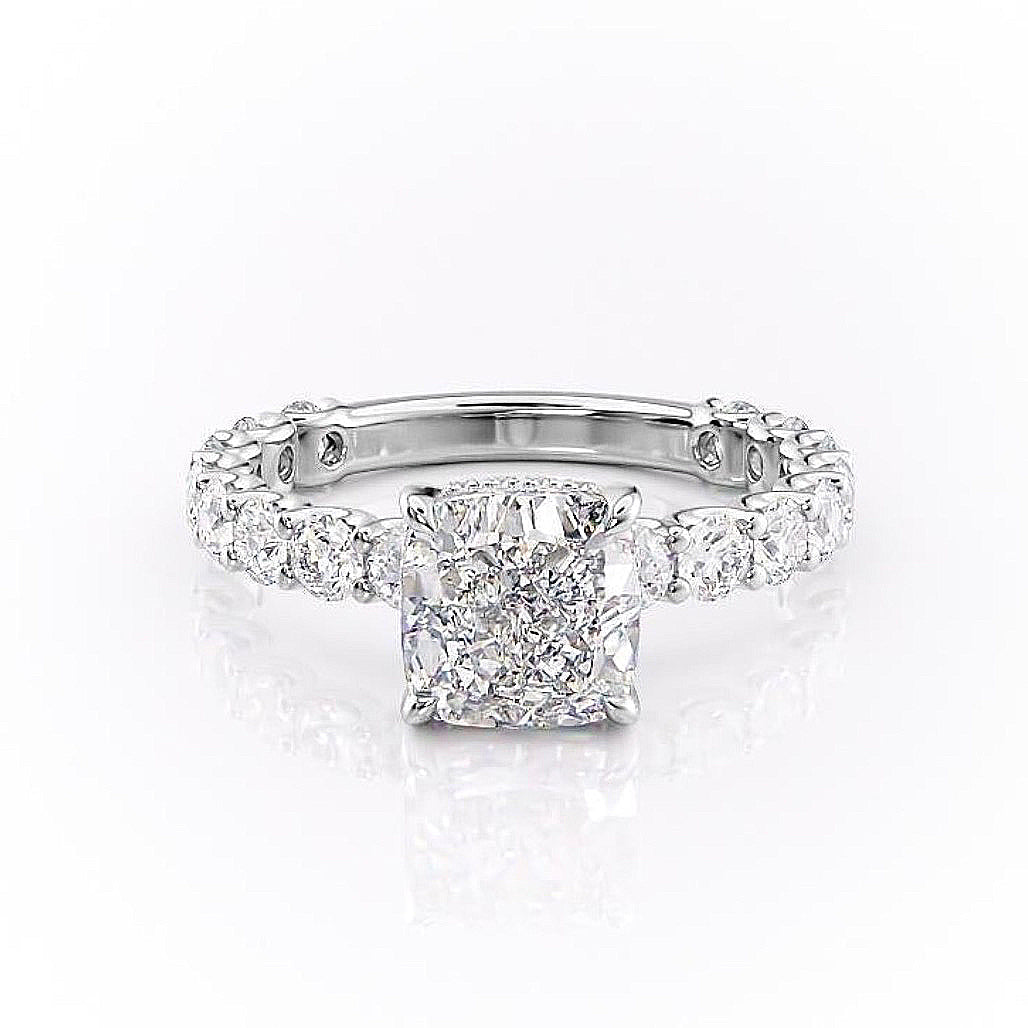 CUSHION CUT MOISSANITE STONE SET SHOULDERS WITH HIDDEN HALO