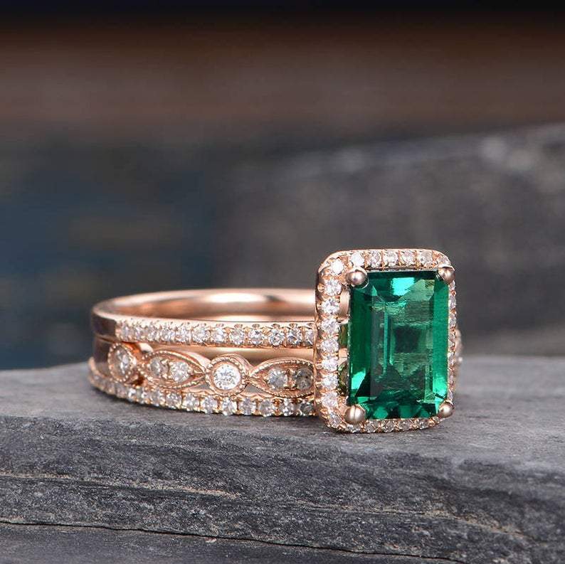 Vintage Inspired Emerald Bridal Ring Set, Emerald Cut