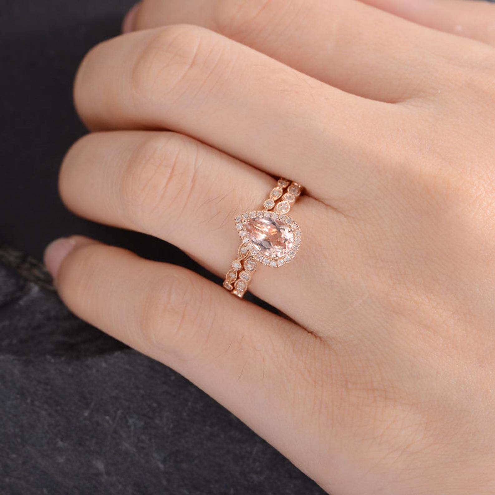 Art Deco Morganite Bridal Ring Set, Pear Shaped Ring