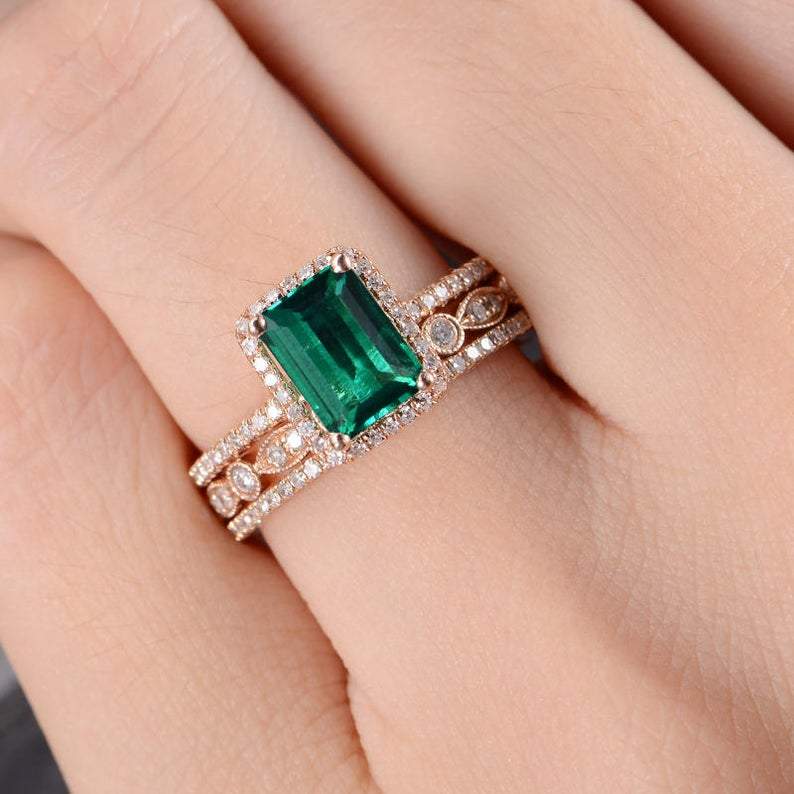 Vintage Inspired Emerald Bridal Ring Set, Emerald Cut