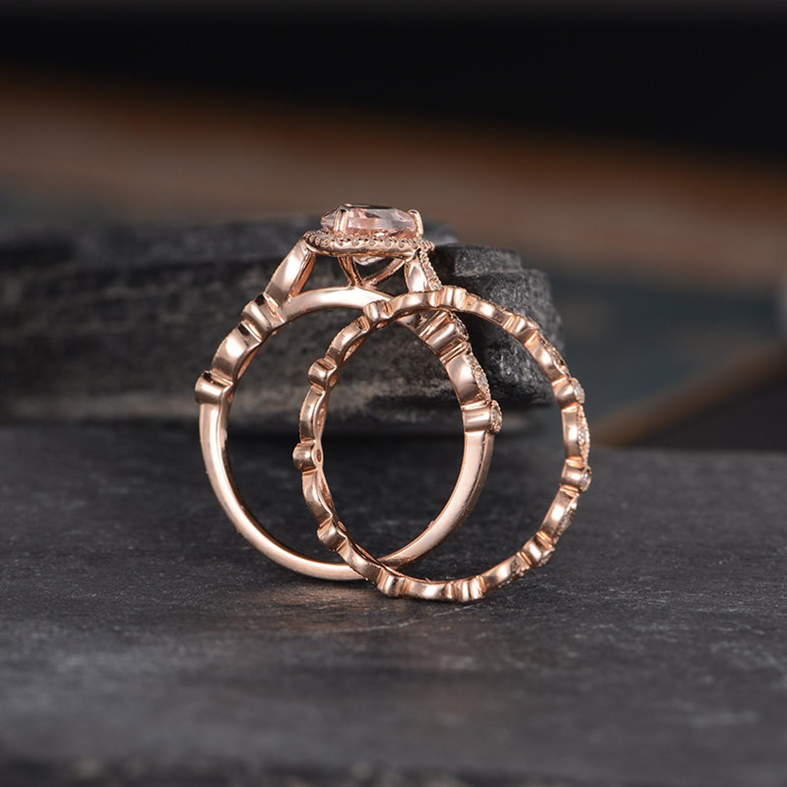 Art Deco Morganite Bridal Ring Set, Pear Shaped Ring