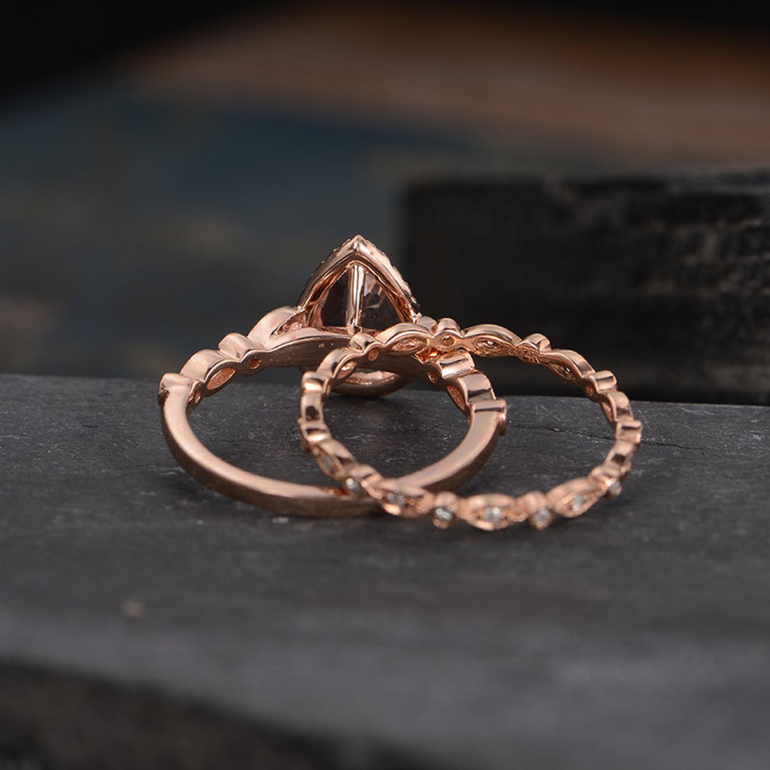 Art Deco Morganite Bridal Ring Set, Pear Shaped Ring