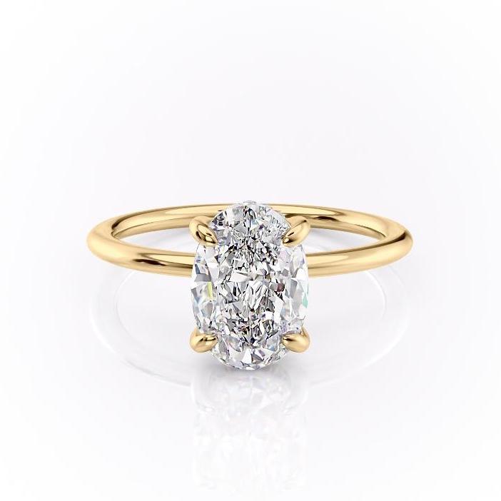 Oval Cut Moissanite Engagement Ring, Plain Band & Hidden Halo