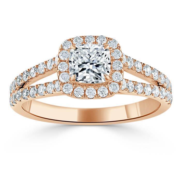 Cushion Cut Moissanite Engagement Ring, Classic Halo with Split Shank