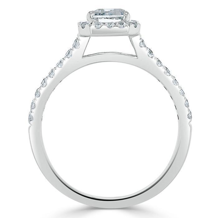 Emerald Cut Moissanite Engagement Ring, Classic Halo with Split Shank