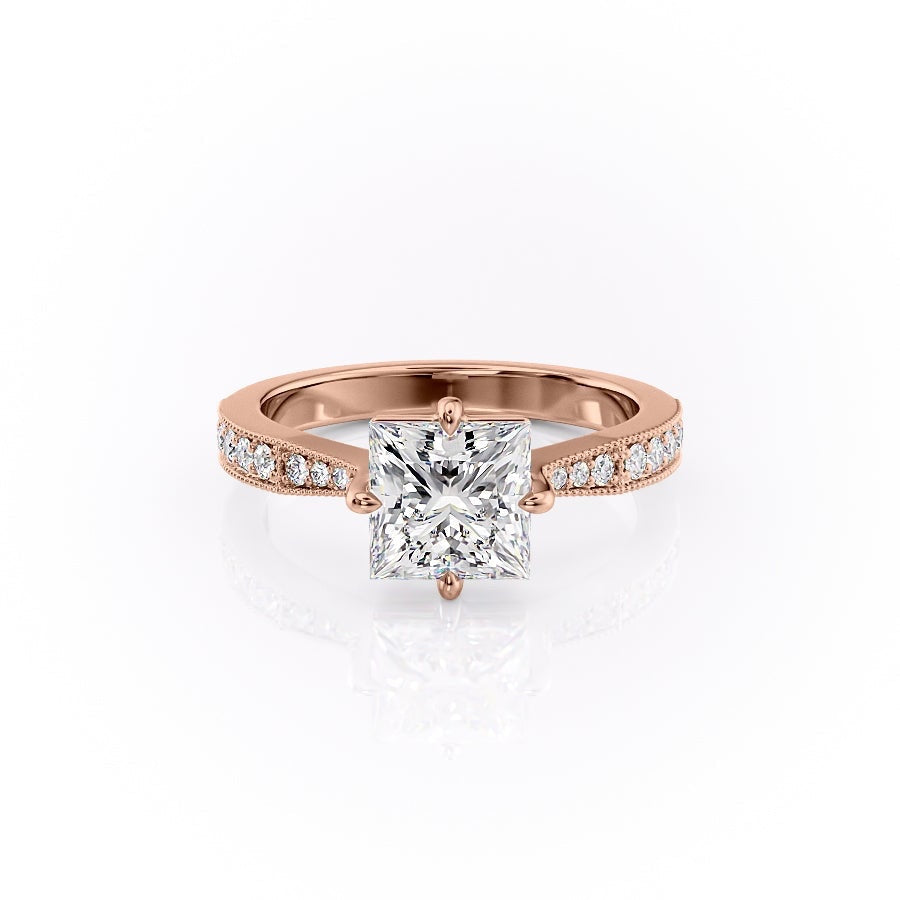 PRINCESS CUT MOISSANITE STONE SET SHOULDERS WITH MILGRAIN EDGE