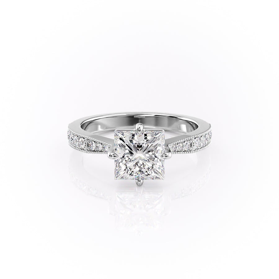 PRINCESS CUT MOISSANITE STONE SET SHOULDERS WITH MILGRAIN EDGE