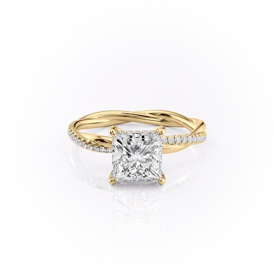 Princess Cut Moissanite Twisted Shoulder Set Ring With Hidden Halo