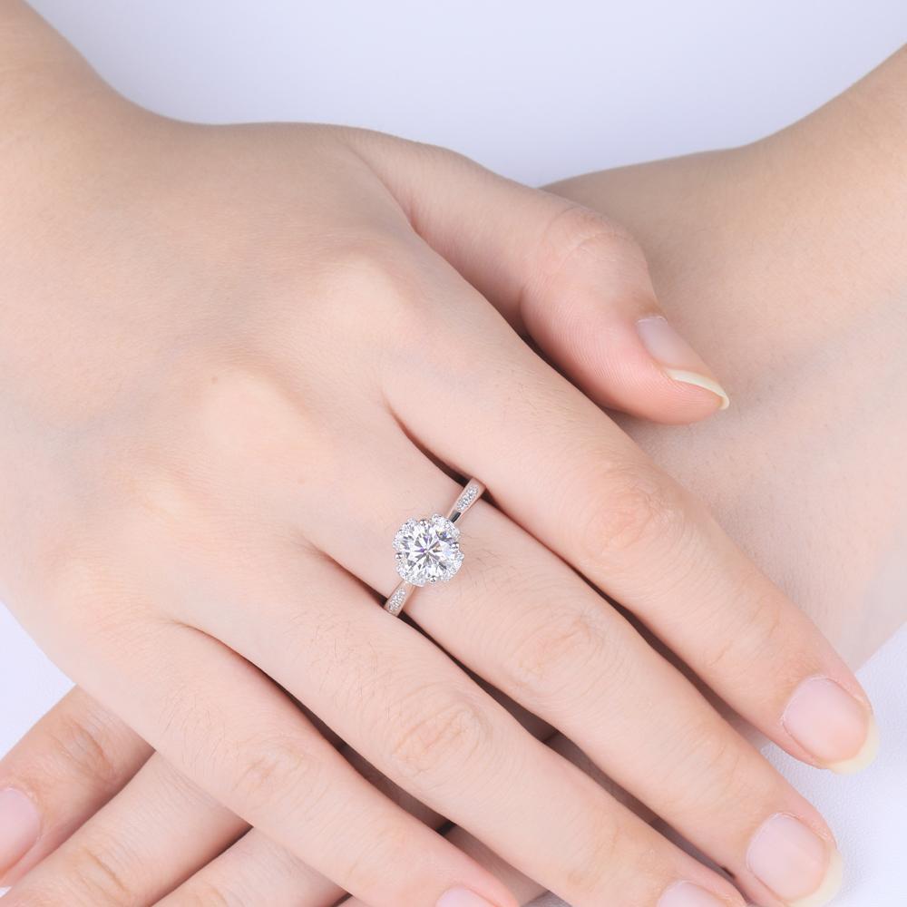 1.00ct Moissanite Engagement Ring, Custom Halo Design, Sterling Silver & Platinum