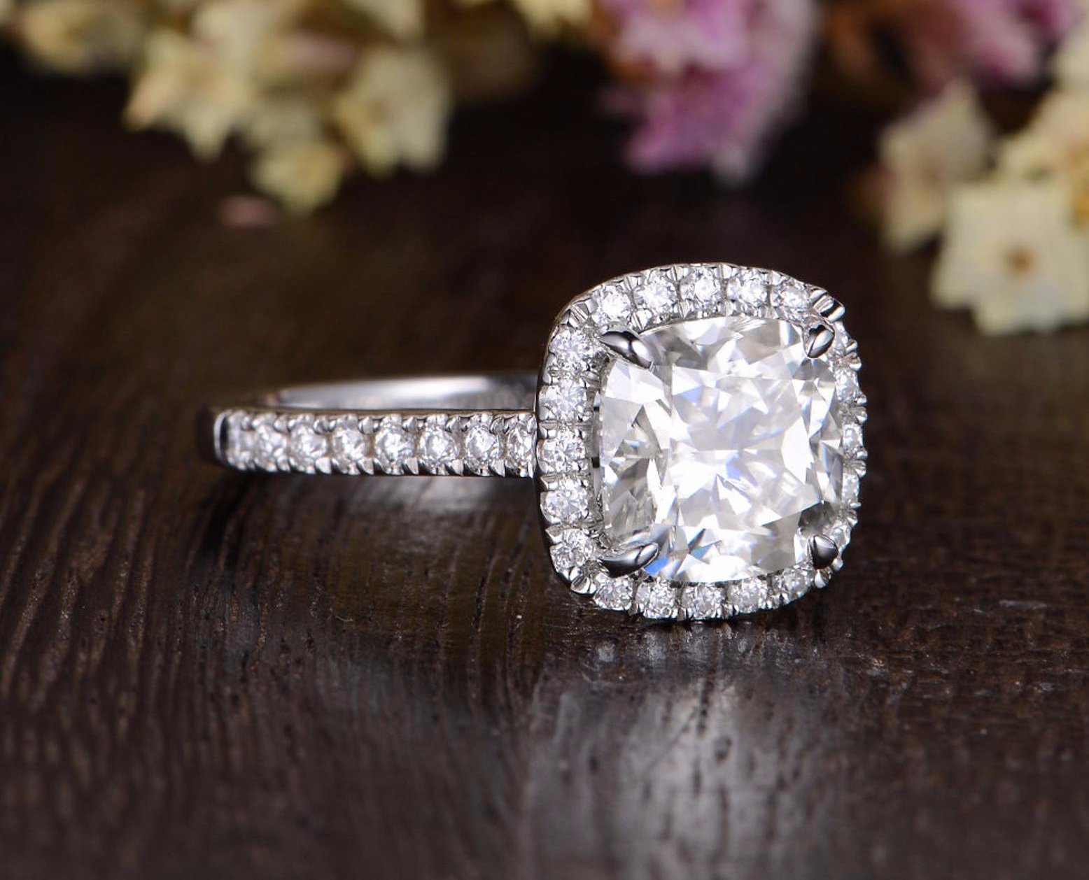 Cushion Cut Moissanite Engagement Ring, Classic Halo Design
