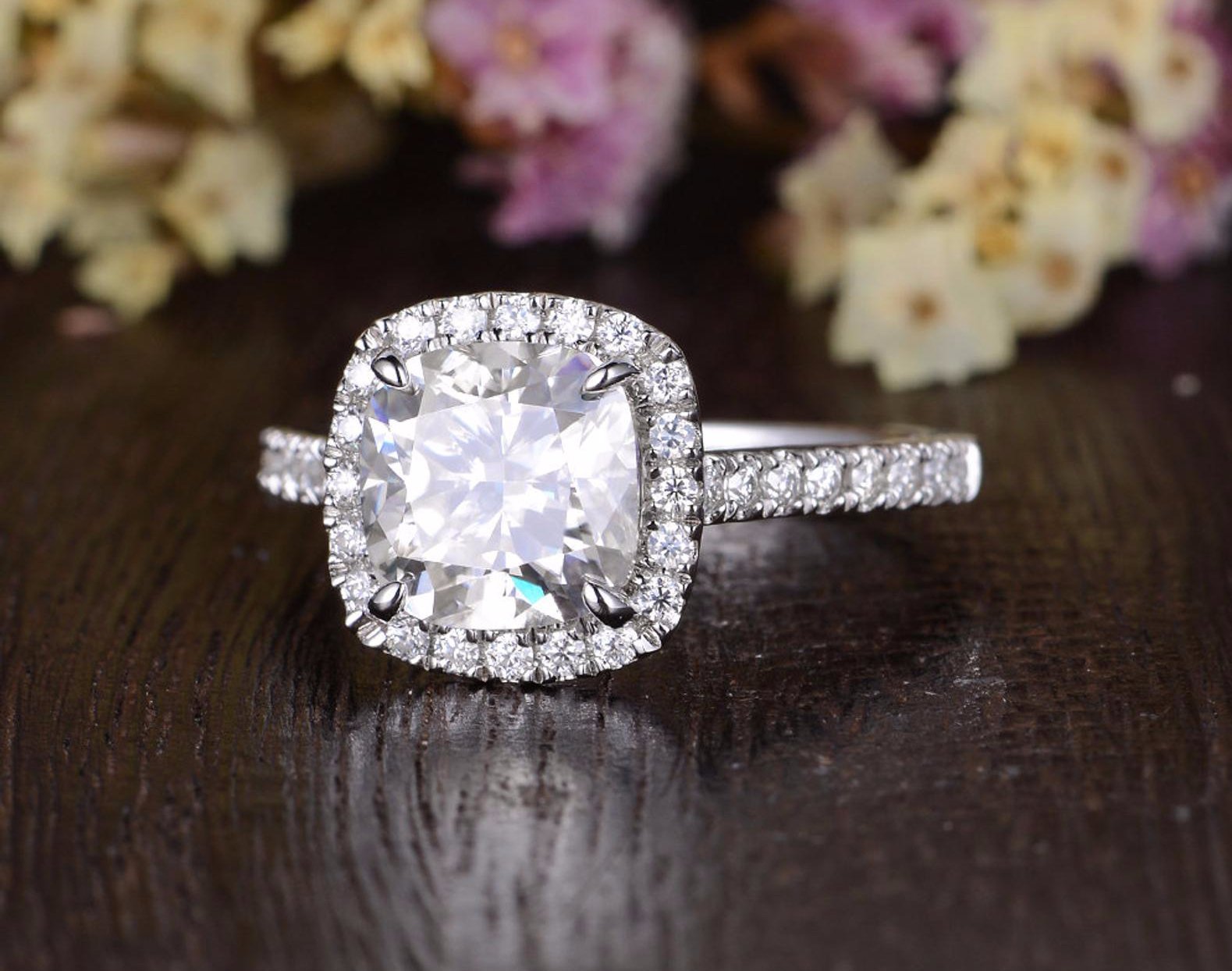 Cushion Cut Moissanite Engagement Ring, Classic Halo Design