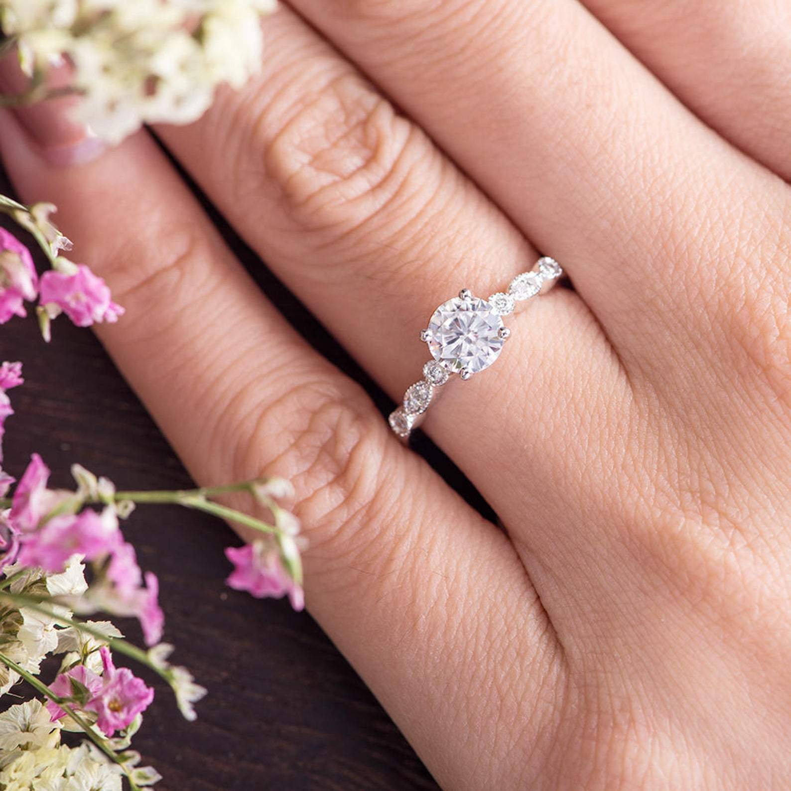 Round Cut Moissanite Engagement Ring, Vintage Design