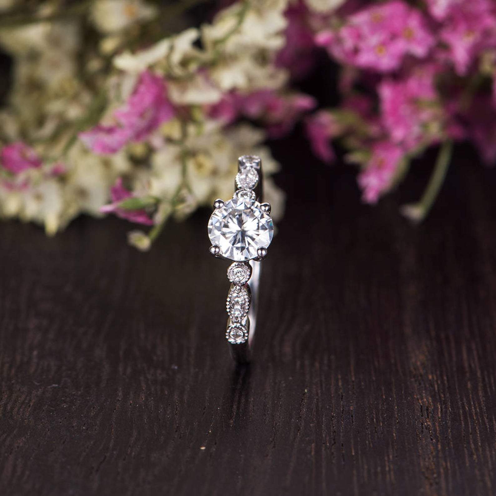 Round Cut Moissanite Engagement Ring, Vintage Design