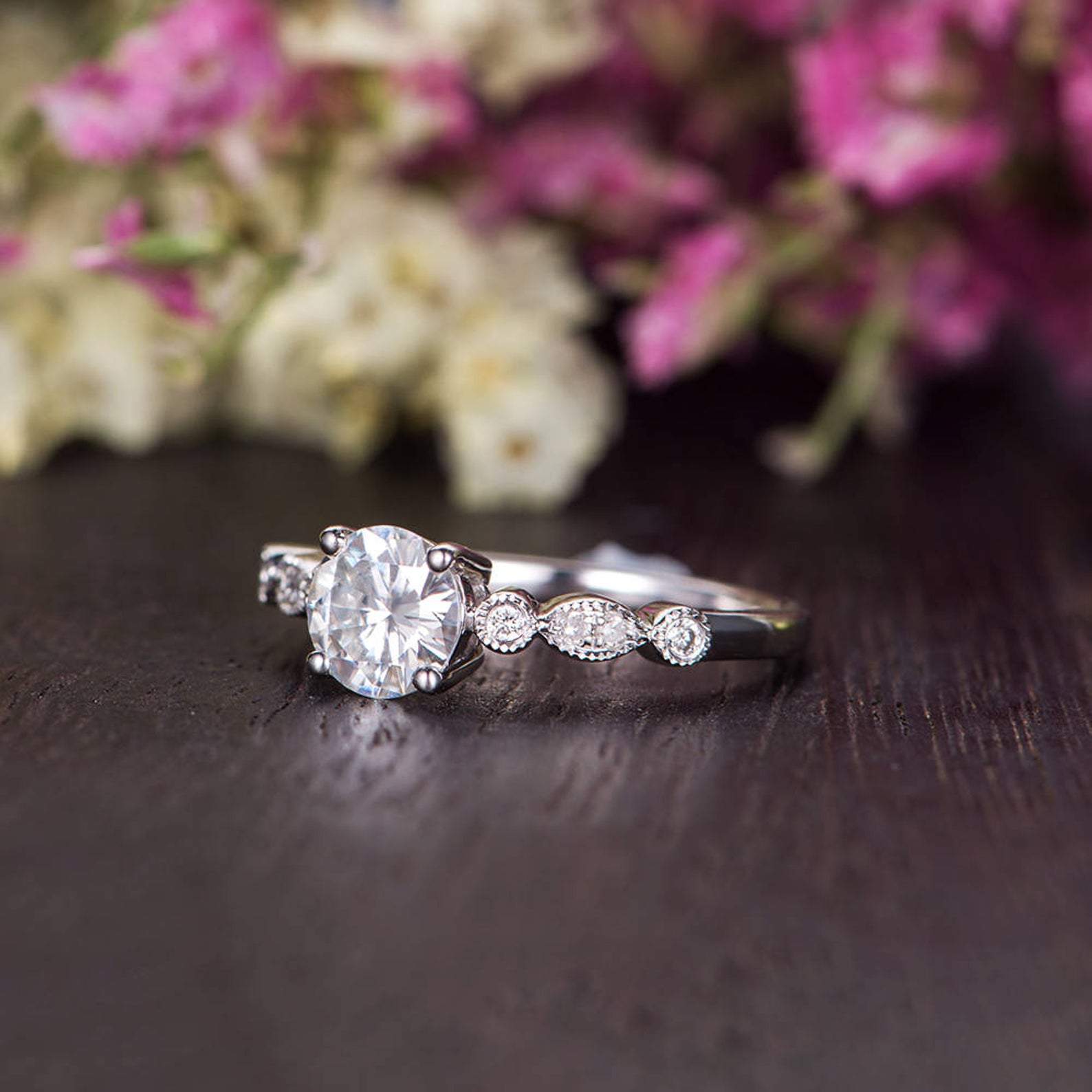 Round Cut Moissanite Engagement Ring, Vintage Design