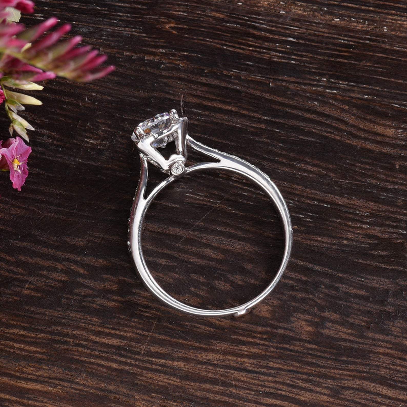 Round Cut Moissanite Engagement Ring, Art Deco Design