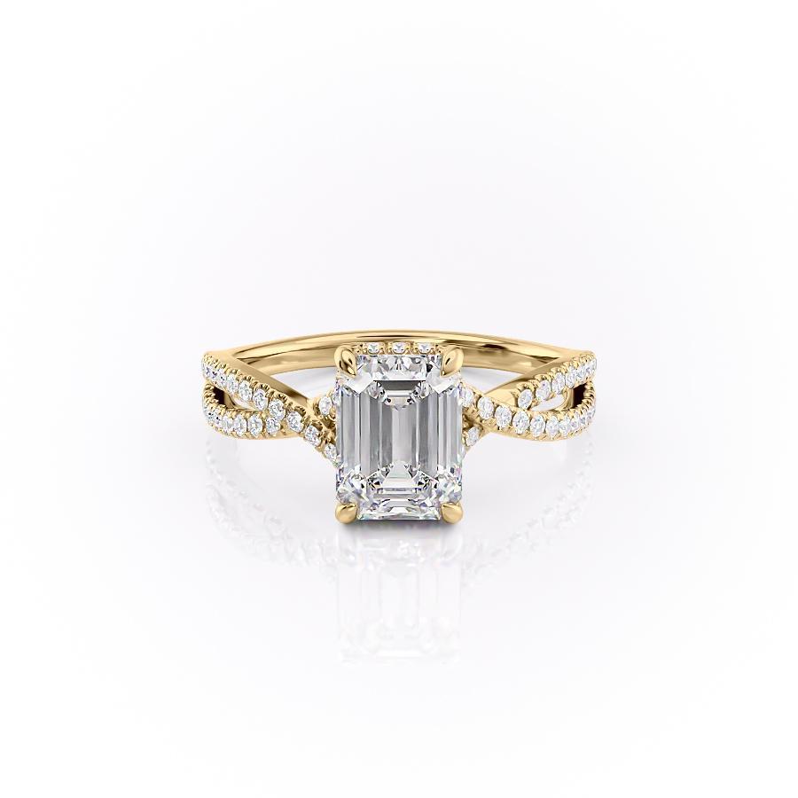 EMERALD CUT MOISSANITE ENGAGEMENT RING, TWISTED STONE SET SHOULDERS
