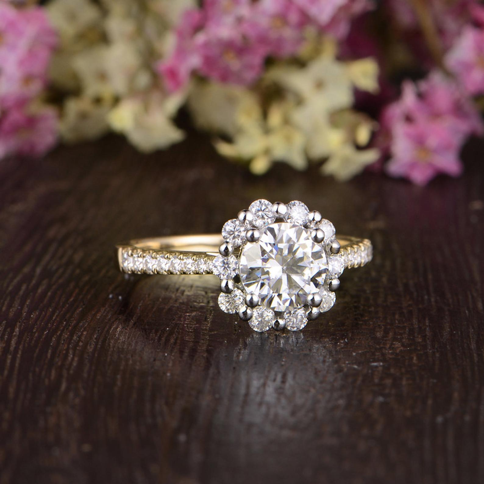 Round Cut Moissanite Engagement Ring, Vintage Halo Design