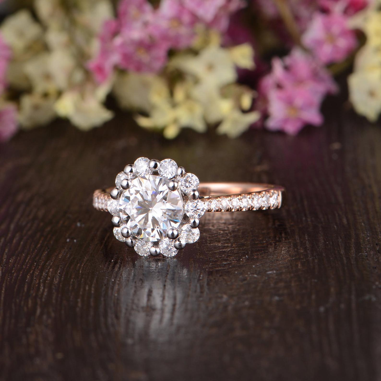 Round Cut Moissanite Engagement Ring, Vintage Halo Design