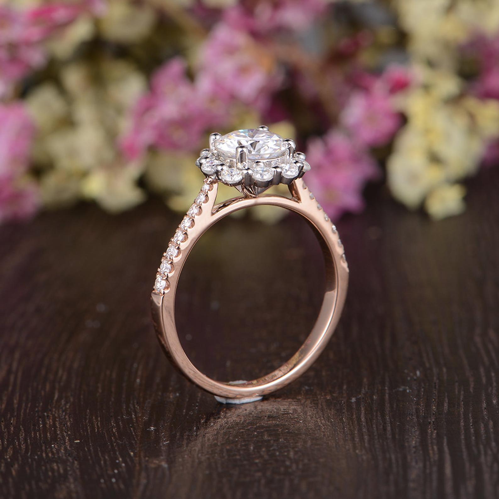 Round Cut Moissanite Engagement Ring, Vintage Halo Design