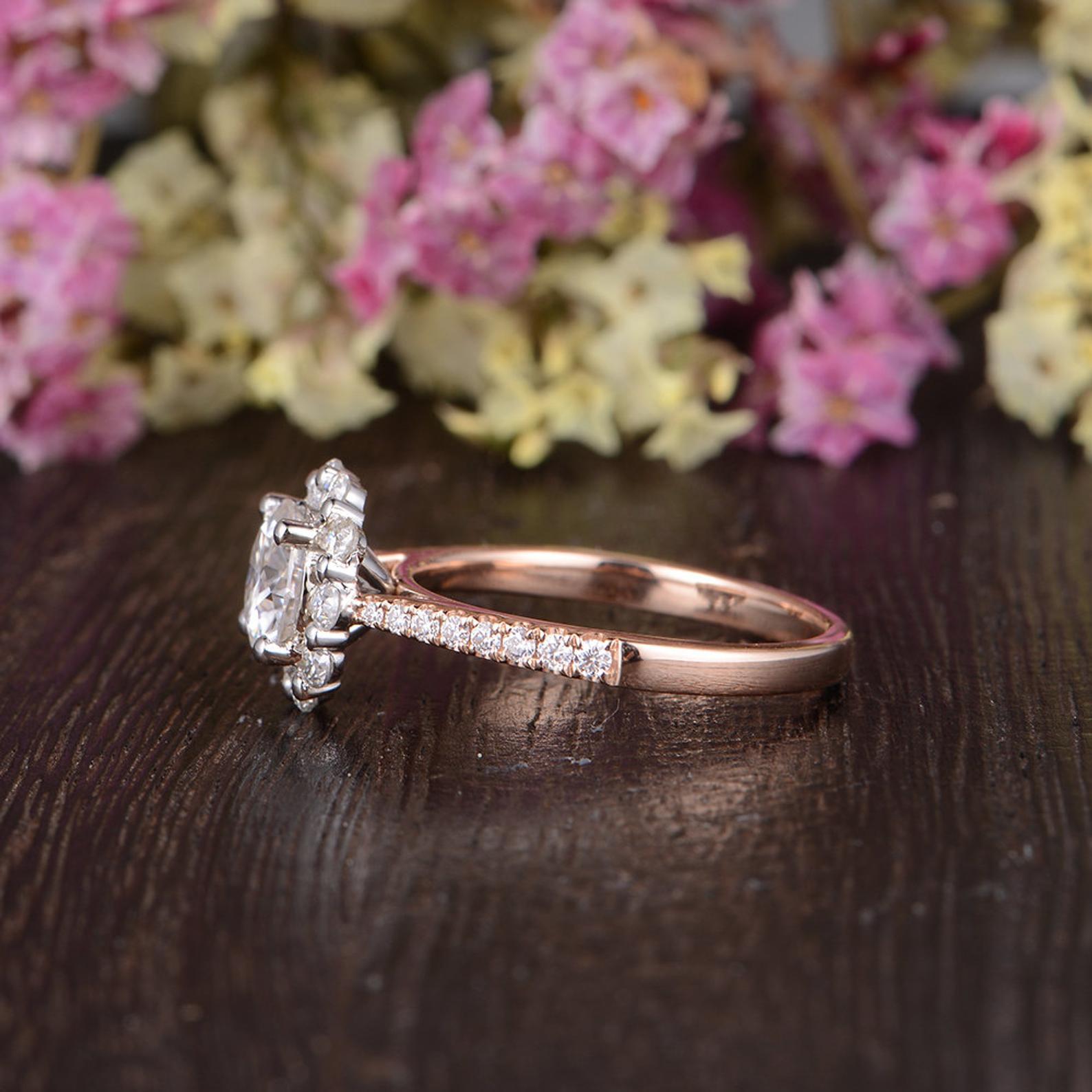 Round Cut Moissanite Engagement Ring, Vintage Halo Design