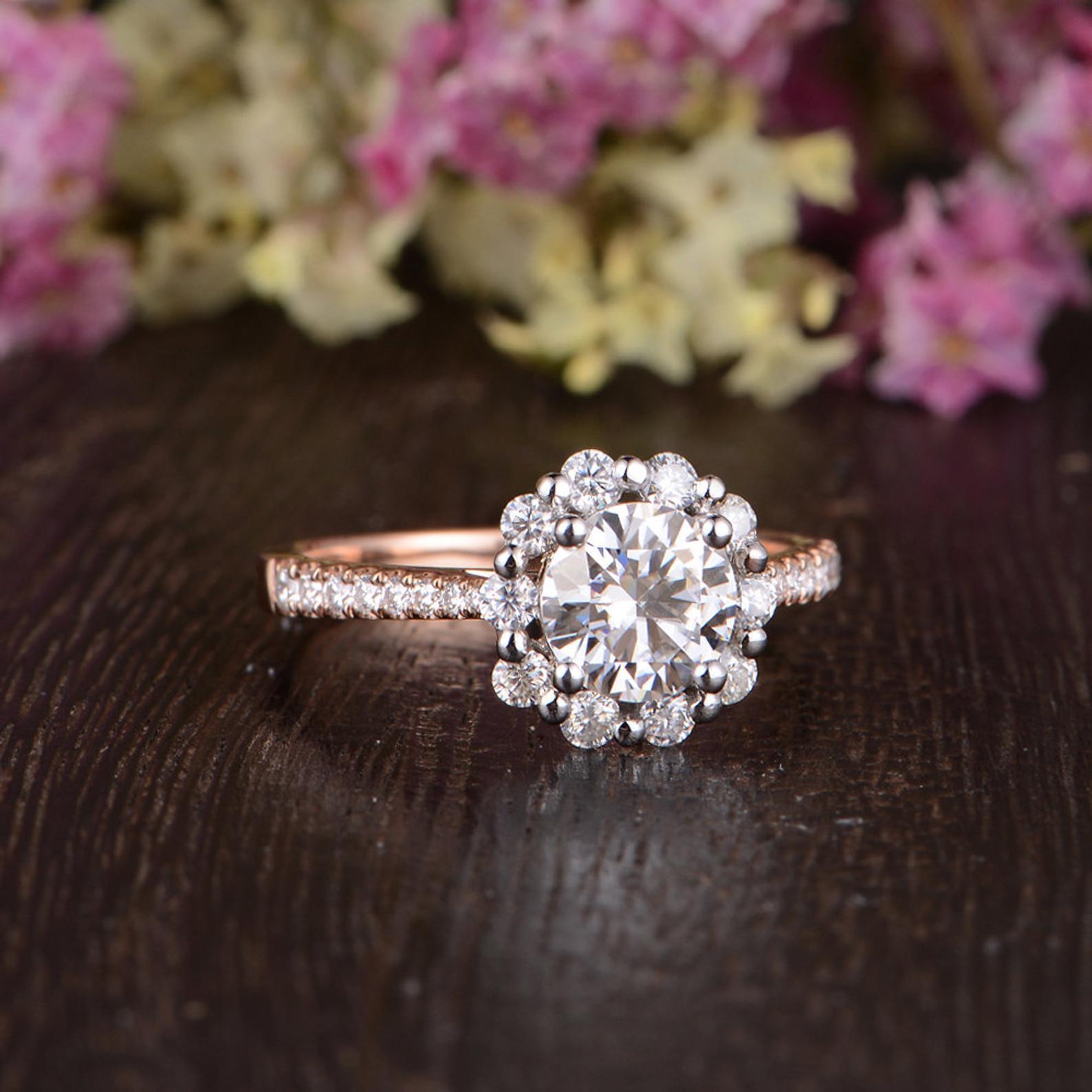 Round Cut Moissanite Engagement Ring, Vintage Halo Design