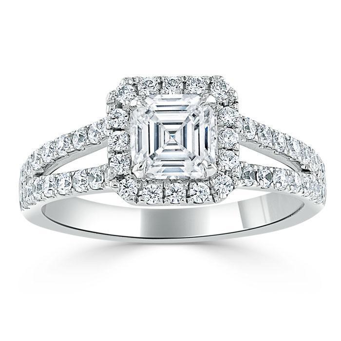 Asscher Cut Moissanite Engagement Ring, Classic Halo with Split Shank