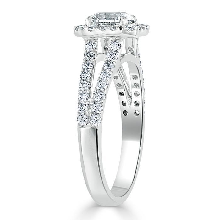 Asscher Cut Moissanite Engagement Ring, Classic Halo with Split Shank