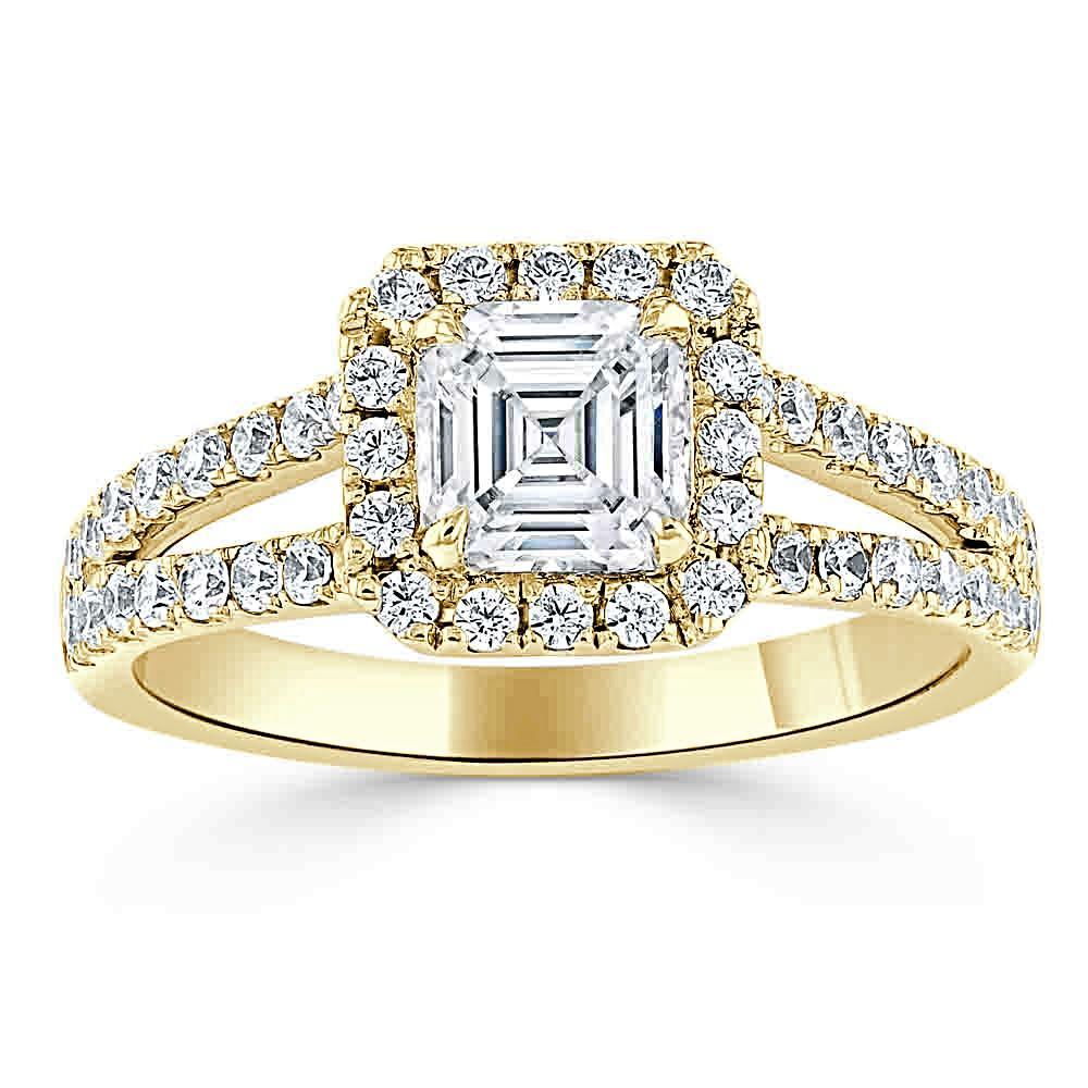 Asscher Cut Moissanite Engagement Ring, Classic Halo with Split Shank