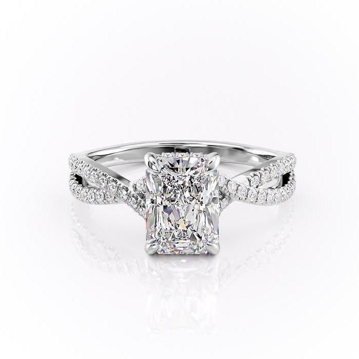 Radiant Cut Moissanite Engagement Ring, Twisted Stone Set Shoulders