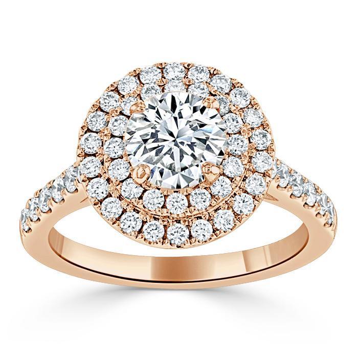 Round Cut Moissanite Double Halo Engagement Ring, Tiffany Style