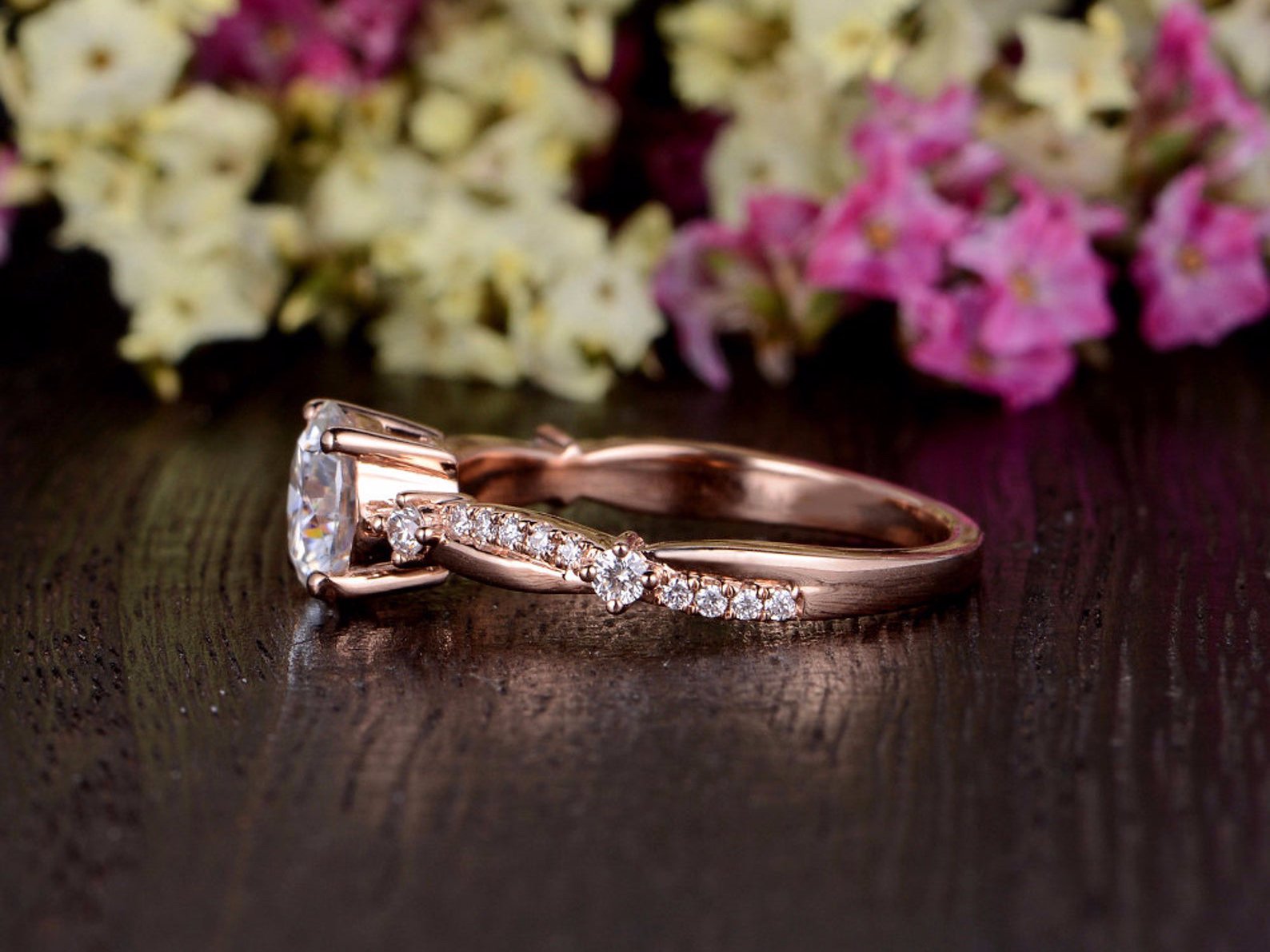 Round Cut Moissanite Engagement Ring, Vintage Design