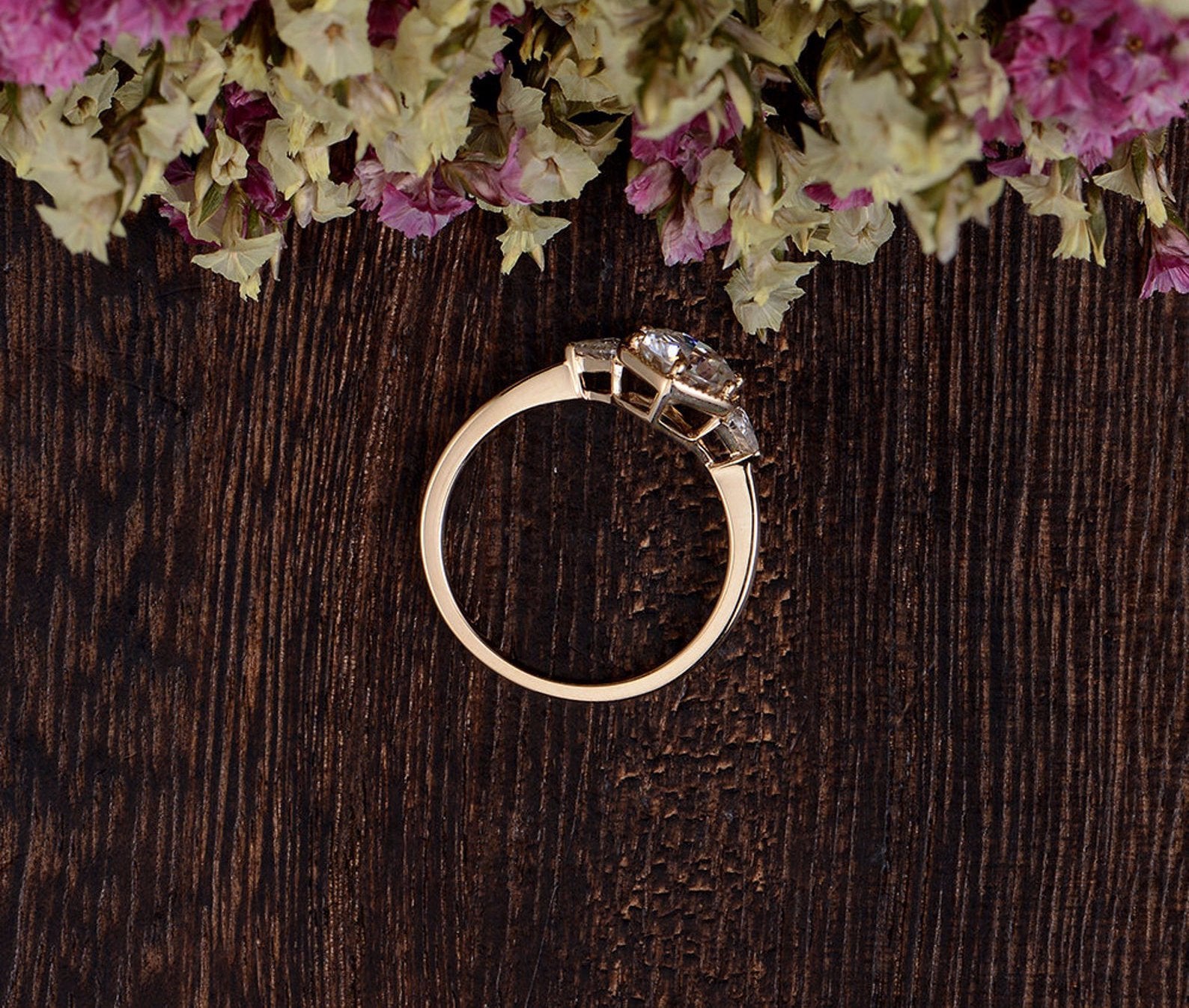 Round Cut Moissanite Engagement Ring, Art Deco Trilogy Design