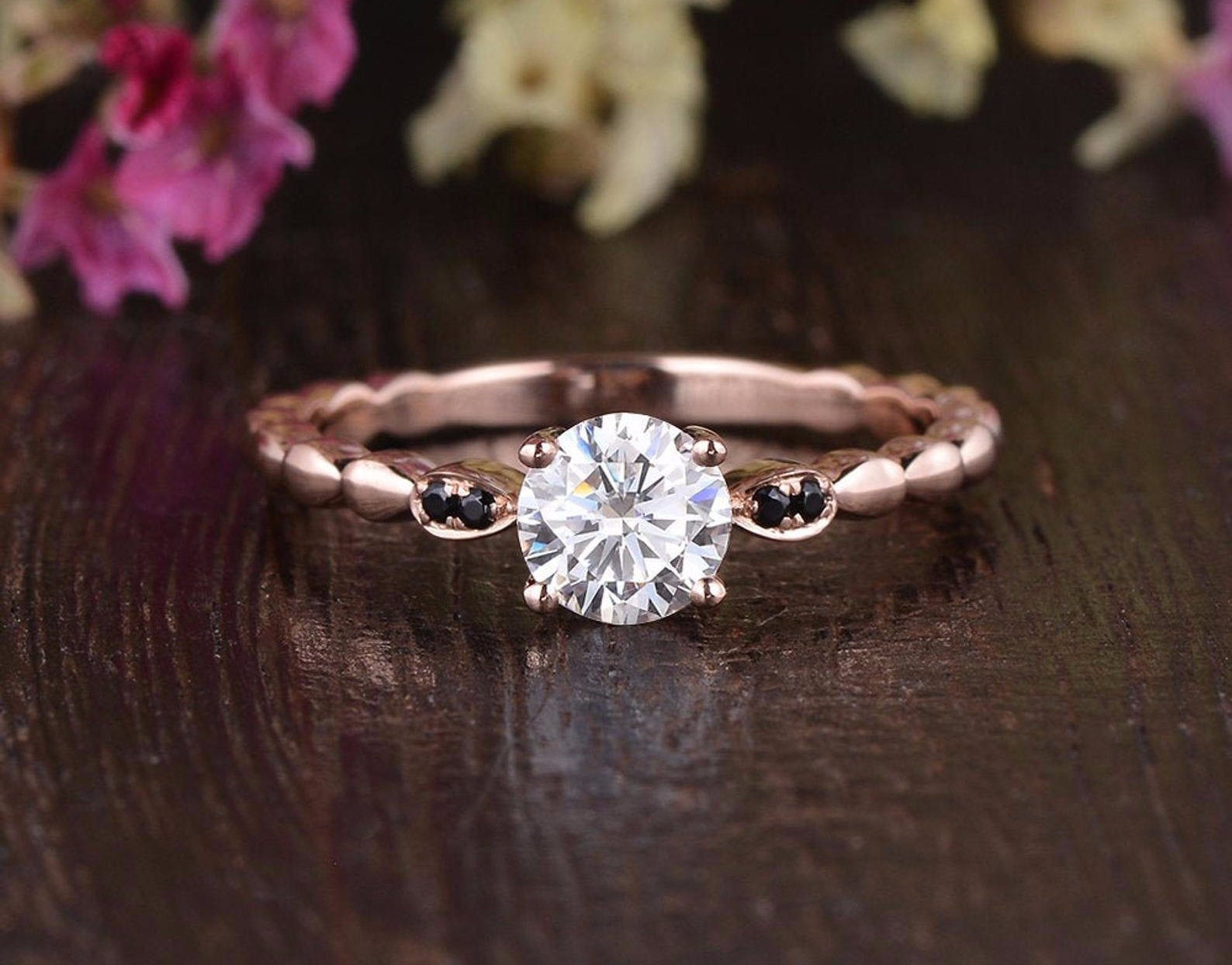 Round Cut Moissanite Engagement Ring, Vintage Design