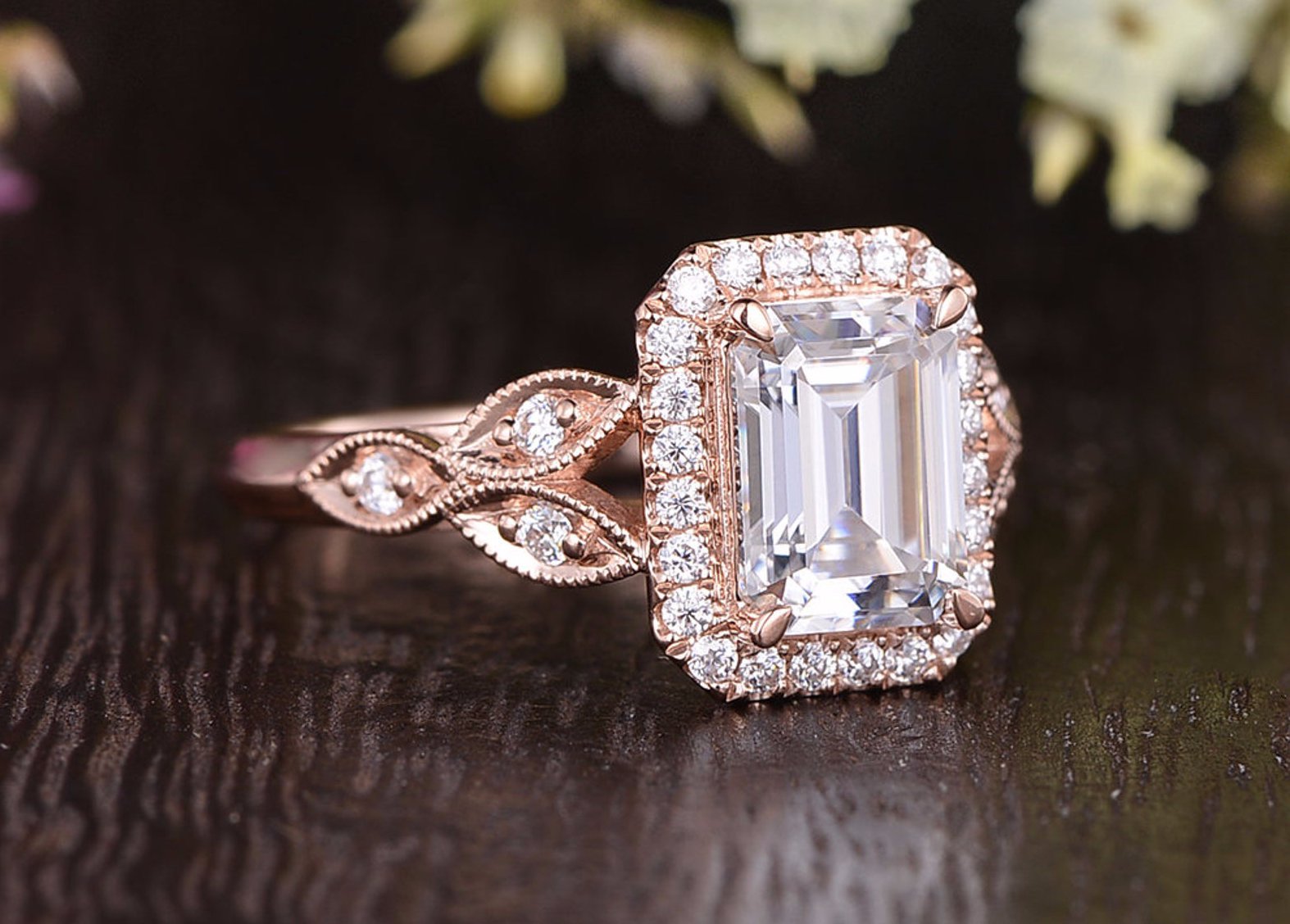 Emerald Cut Moissanite Engagement Ring, Floral Art Deco Halo Design, Choose Your Stone Size & Metal