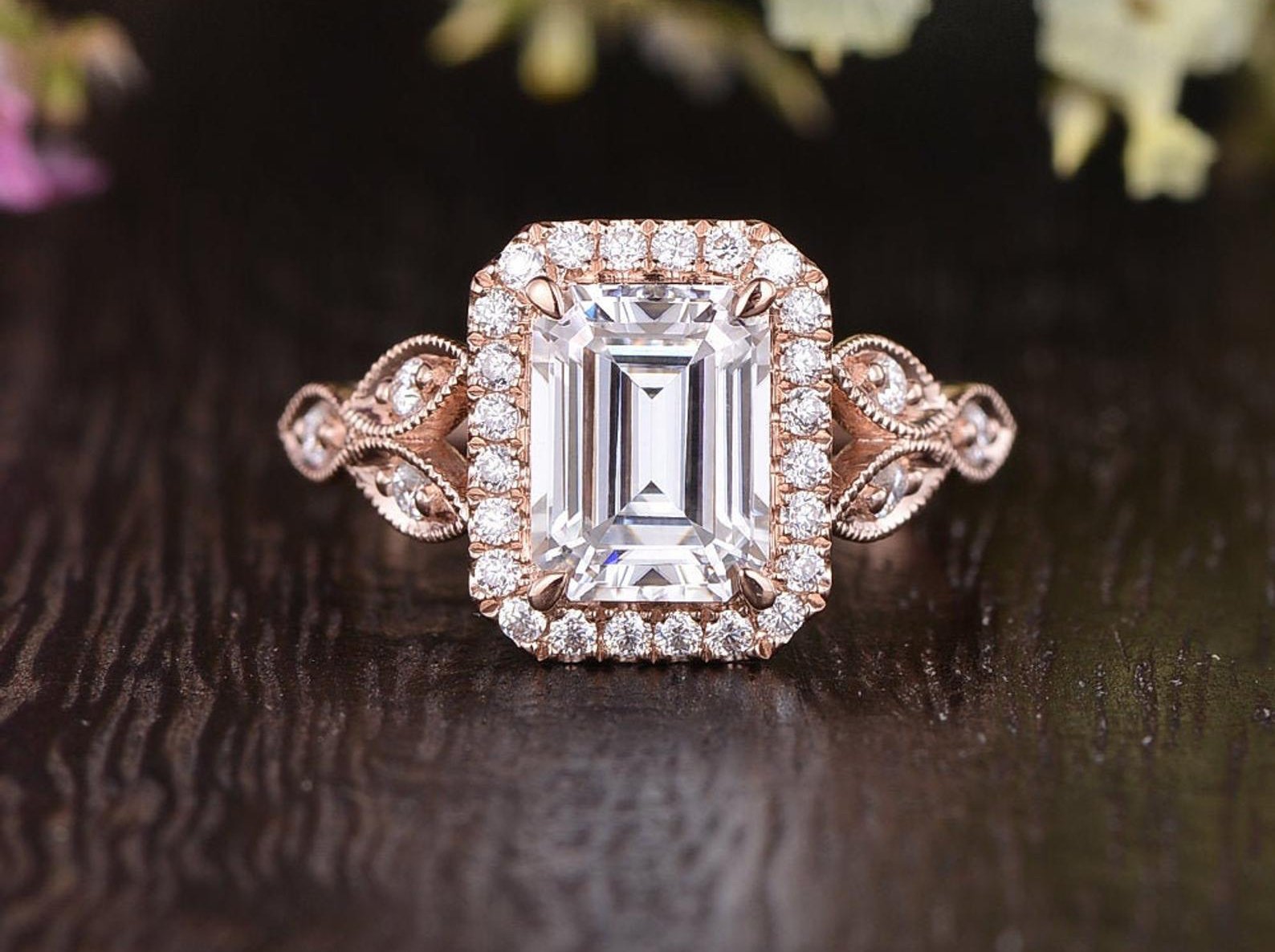 Emerald Cut Moissanite Engagement Ring, Floral Art Deco Halo Design, Choose Your Stone Size & Metal