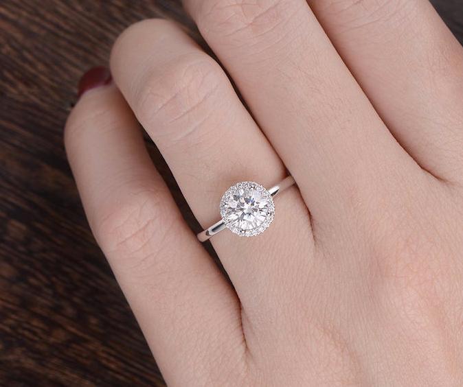 Round Cut Moissanite Engagement Ring, Art Deco Halo Design