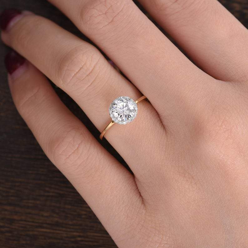 Round Cut Moissanite Engagement Ring, Art Deco Halo Design