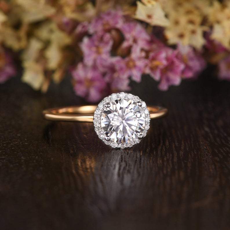 Round Cut Moissanite Engagement Ring, Art Deco Halo Design