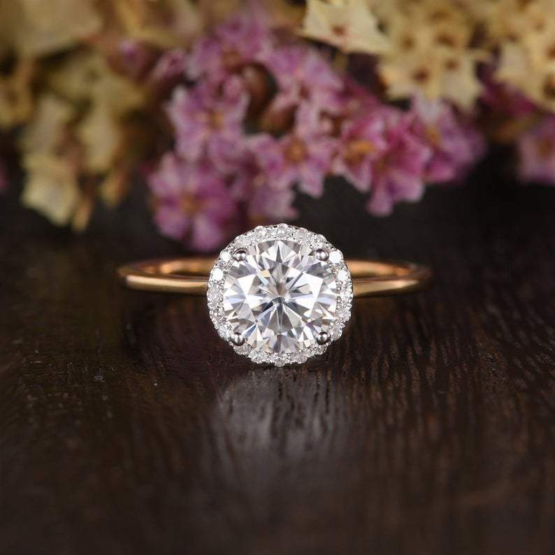 Round Cut Moissanite Engagement Ring, Art Deco Halo Design