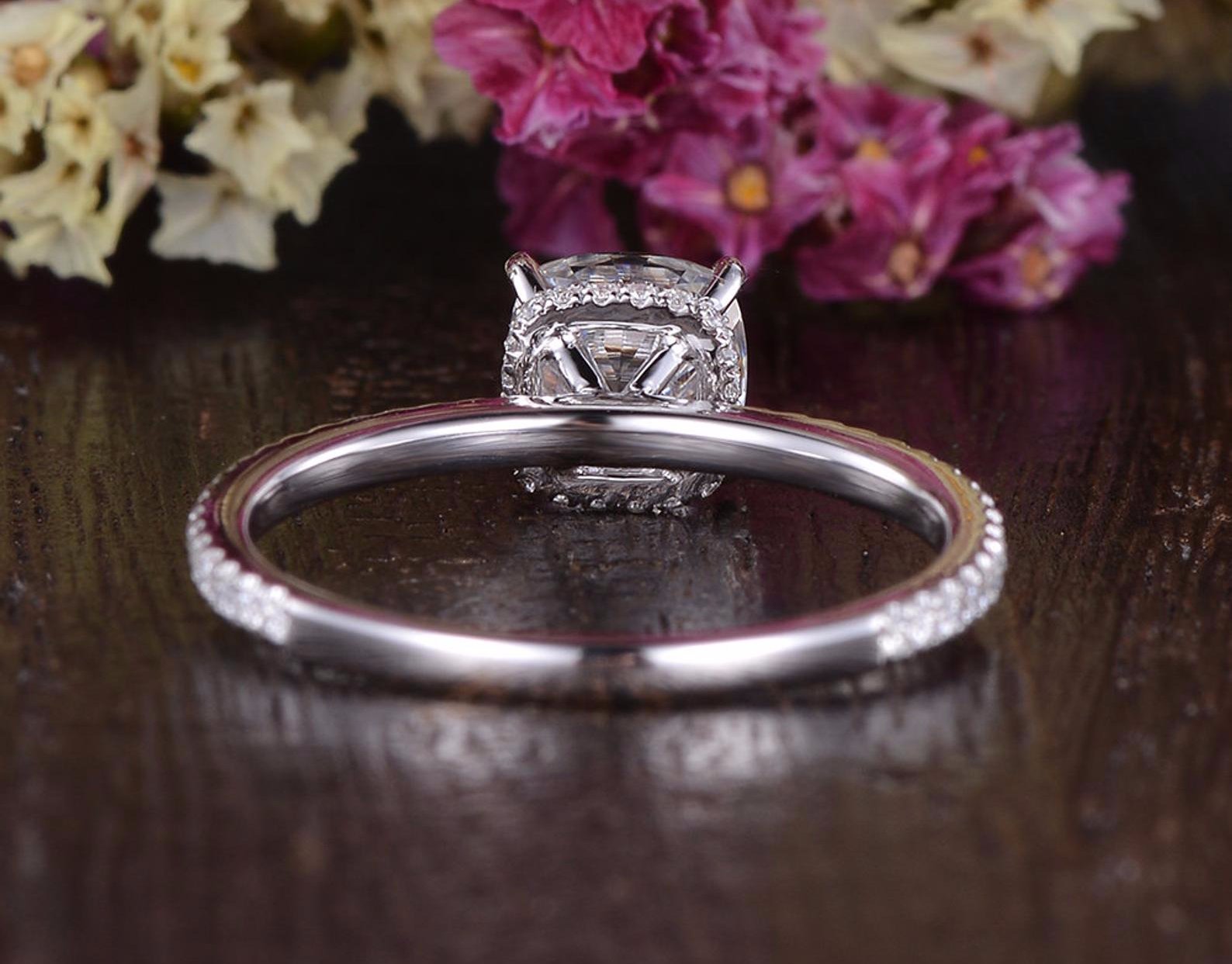 Cushion Cut Moissanite Engagement Ring, Hidden Halo Design