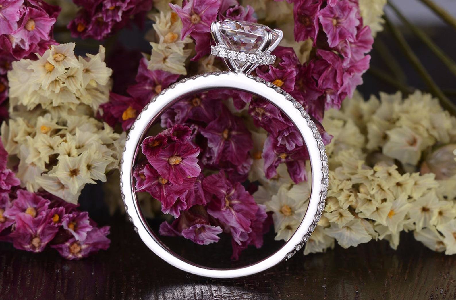 Cushion Cut Moissanite Engagement Ring, Hidden Halo Design