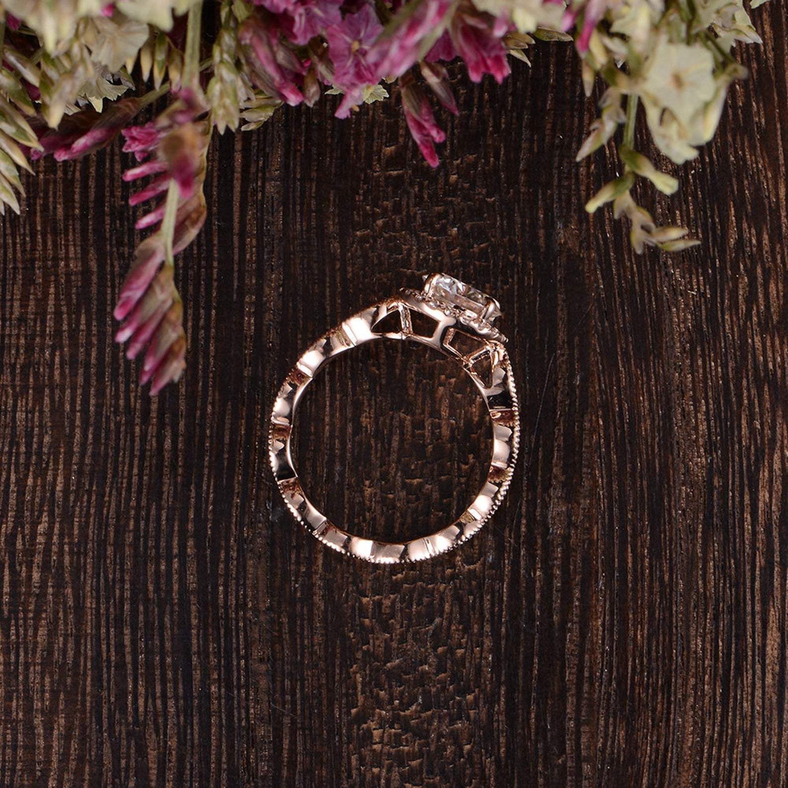 Round Cut Moissanite Engagement Ring, Art Deco Halo Design