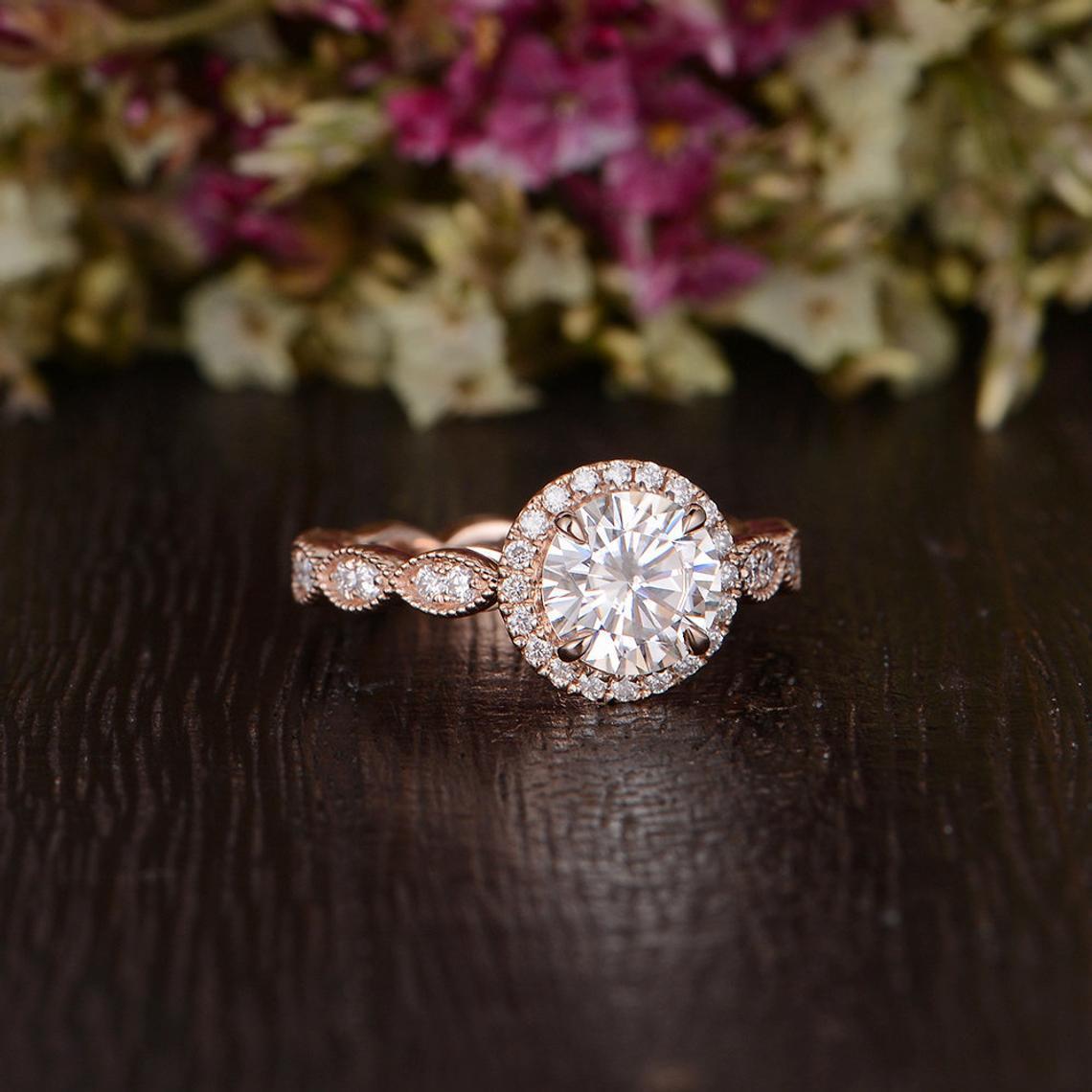 Round Cut Moissanite Engagement Ring, Art Deco Halo Design