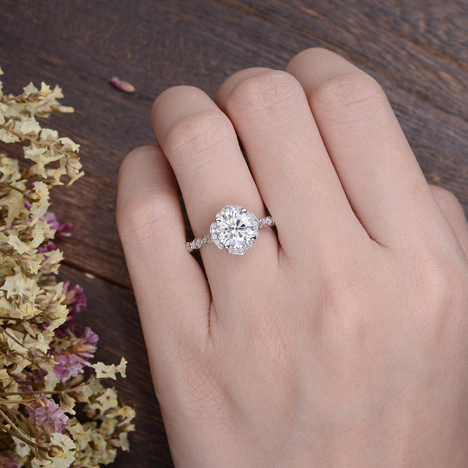 Round Cut Moissanite Engagement Ring, Art Deco Halo Design