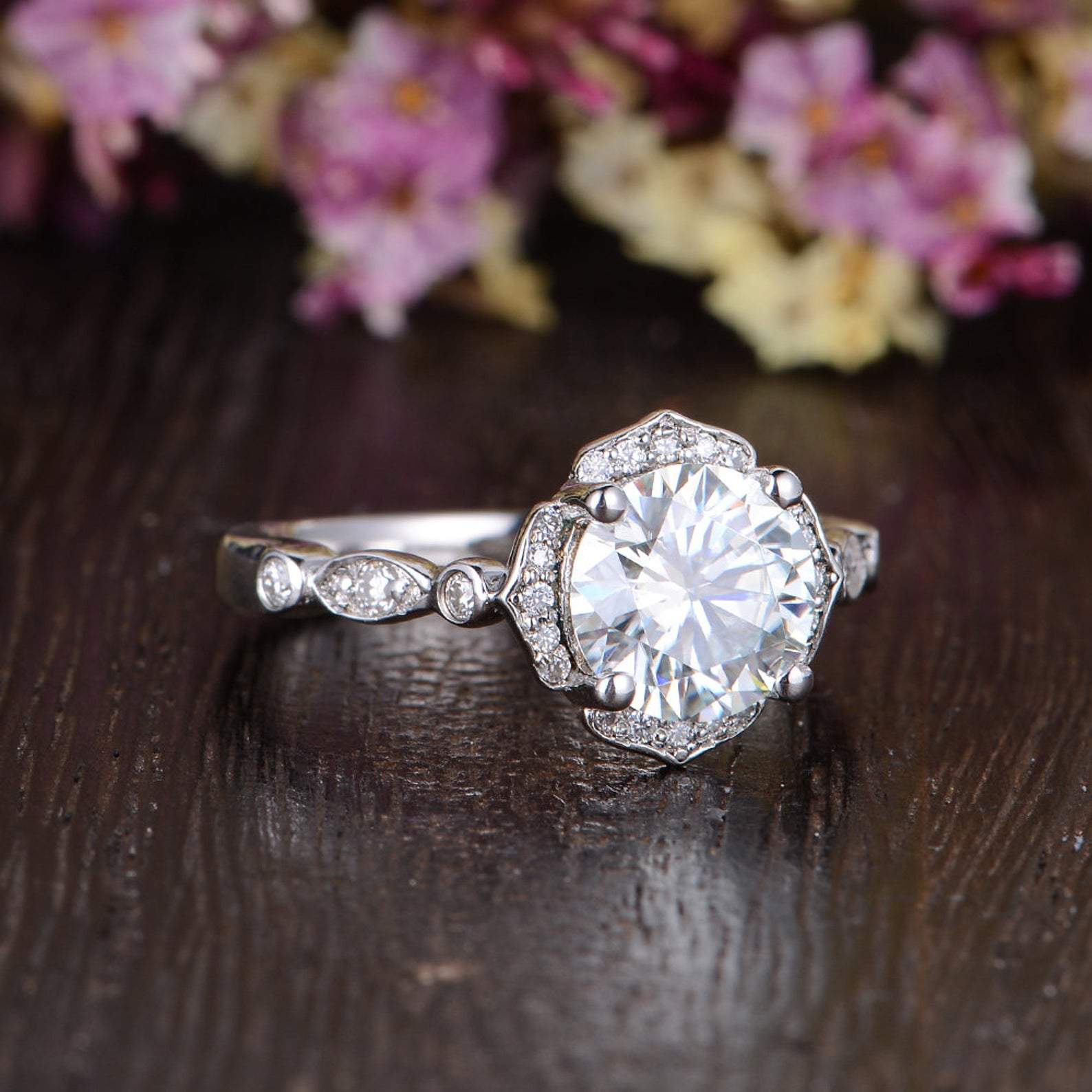 Round Cut Moissanite Engagement Ring, Art Deco Halo Design