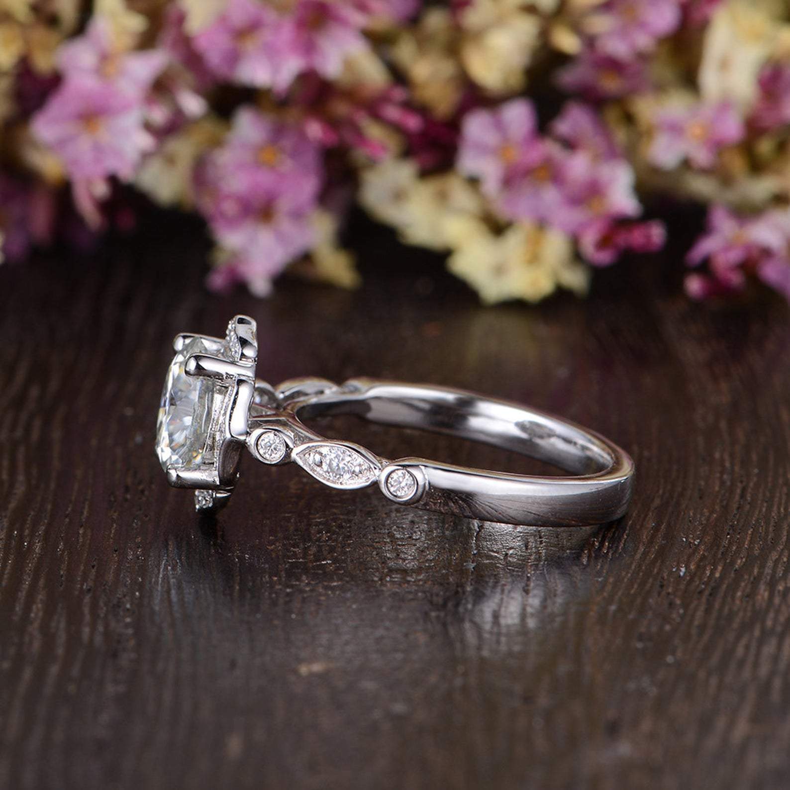Round Cut Moissanite Engagement Ring, Art Deco Halo Design