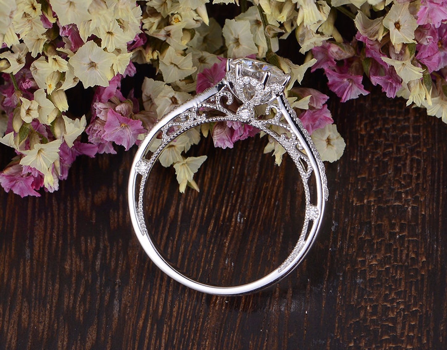 Round Cut Moissanite Engagement Ring, Unique Vintage Design