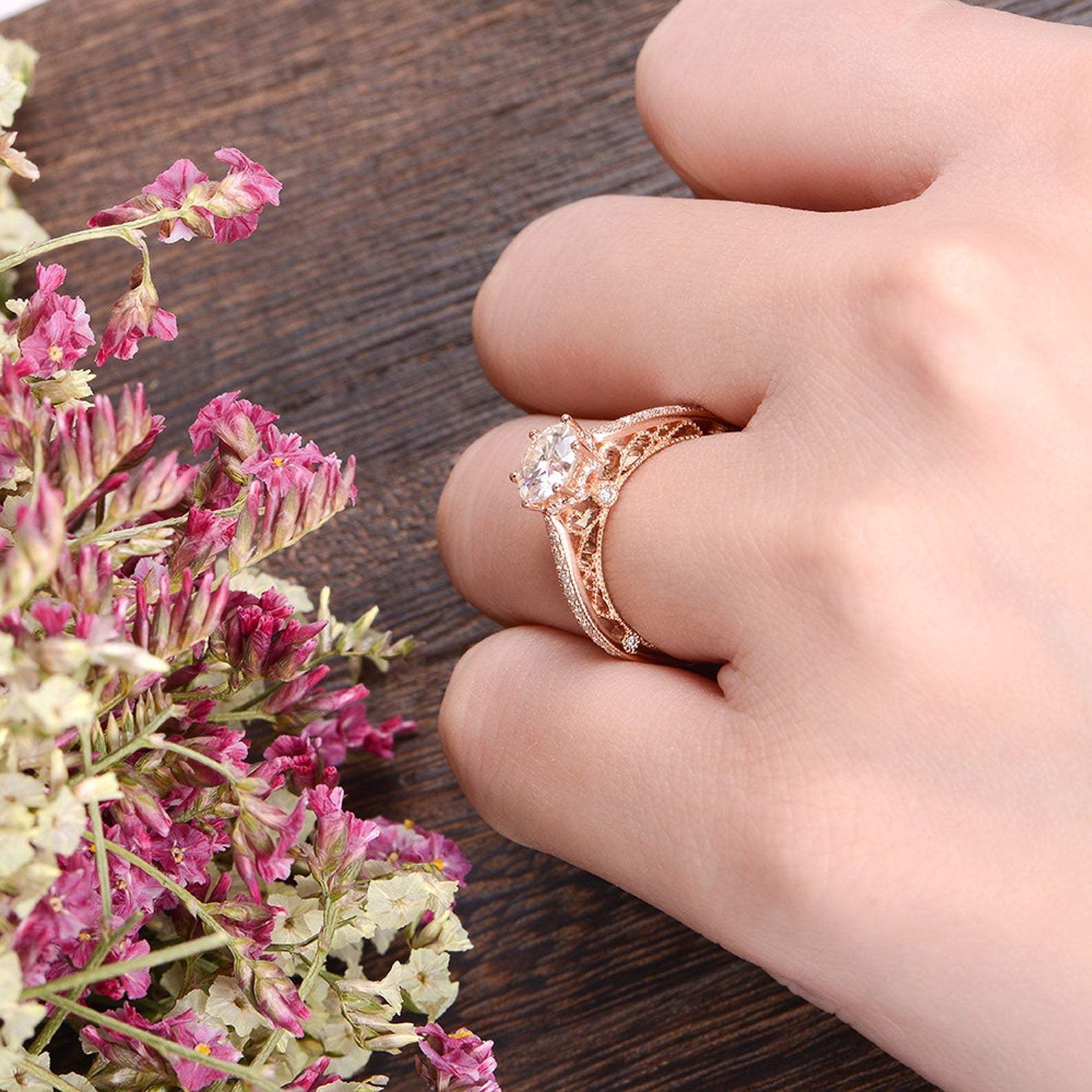 Round Cut Moissanite Engagement Ring, Unique Vintage Design