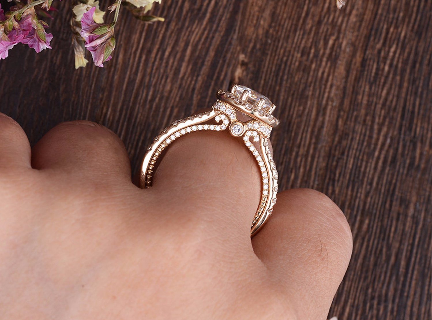 Round Cut Moissanite Engagement Ring, Vintage Halo Design