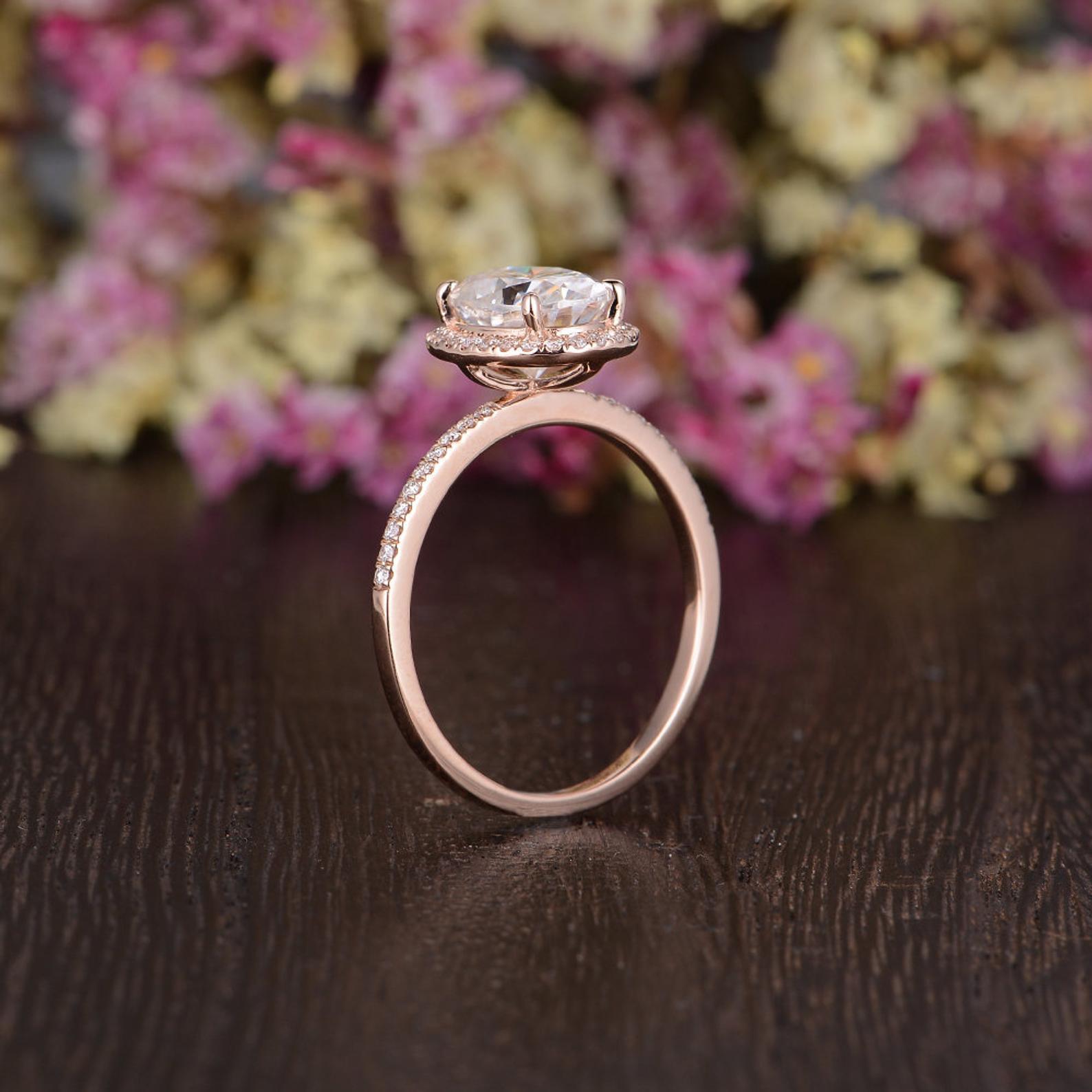 Oval Cut Moissanite Engagement Ring, Vintage Halo Design